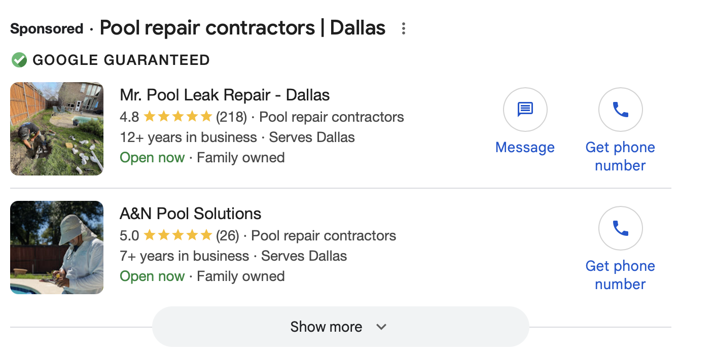 image of Google Local Services ads for pool company